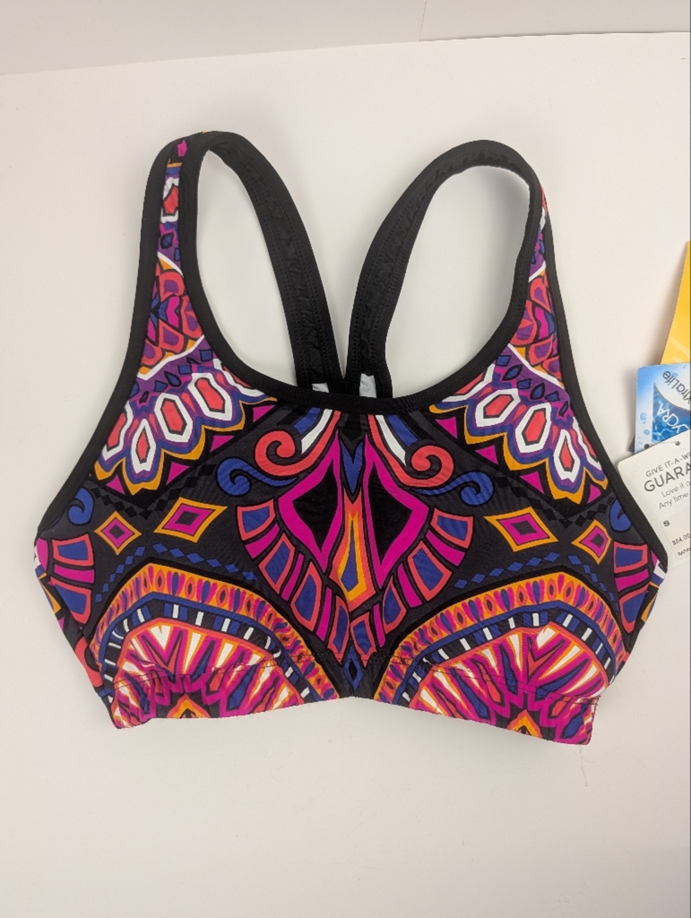 Athleta Rapanui Bikini Top/Sports Bra Pink/Orange/Coal Gray Geometric, Sz. Small